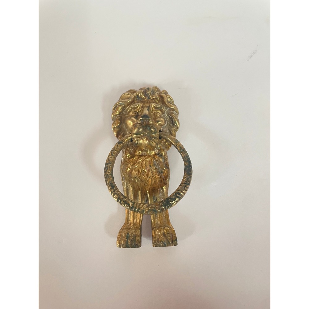 Vintage Brass Lion Head Body Door Knocker Ring Pull Entryway Hardware 5in